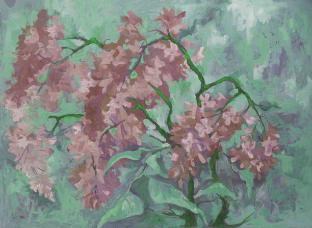 Artistic illustration allegory of spring oil painting impressionism horizontal landscape flowering bush of lilac purple shades on the background of trees and bushes