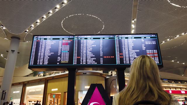 Woman in international airport looking at the flight information board.