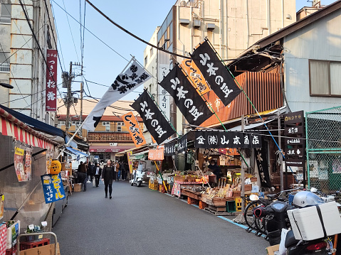 People walking at the Tsukiji Market, the largest fish market in Tokyo. The area contains retail markets, restaurants, and associated restaurant supply stores., Chuo City, Tokyo, Japan.