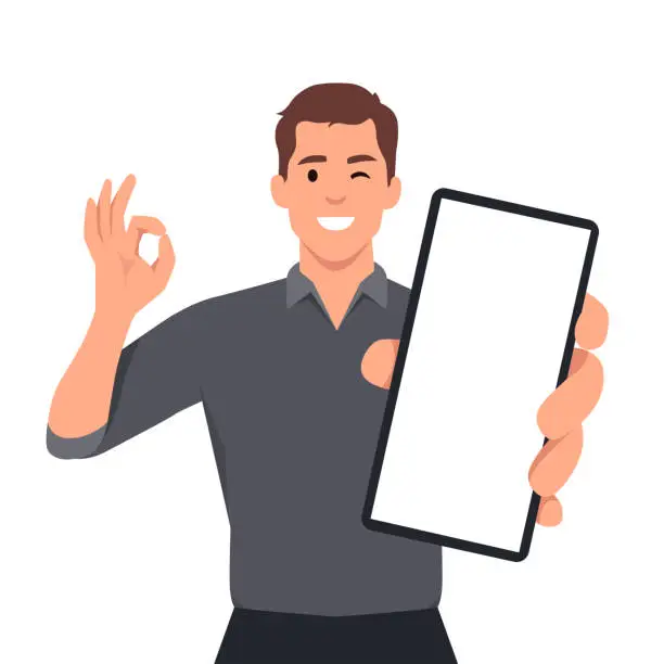 Vector illustration of Happy young man showing smartphone and showing okay, OK or O sign. Mobile phone technology concept.