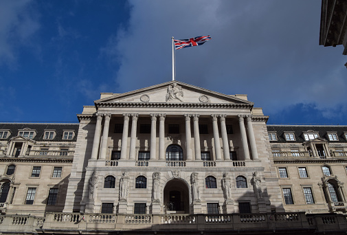 London, UK - March 23 2023: Exterior view of the Bank of England in the City of London, the capital's financial district.