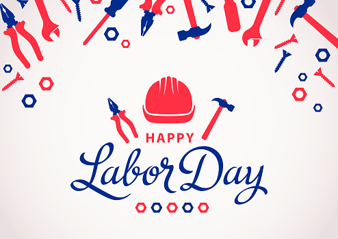 Group of work tools consist of helmet, axe, screwdriver, piler, screw, nut-fastener, wrench, open end wrench and hammer for celebrating the Labor Day