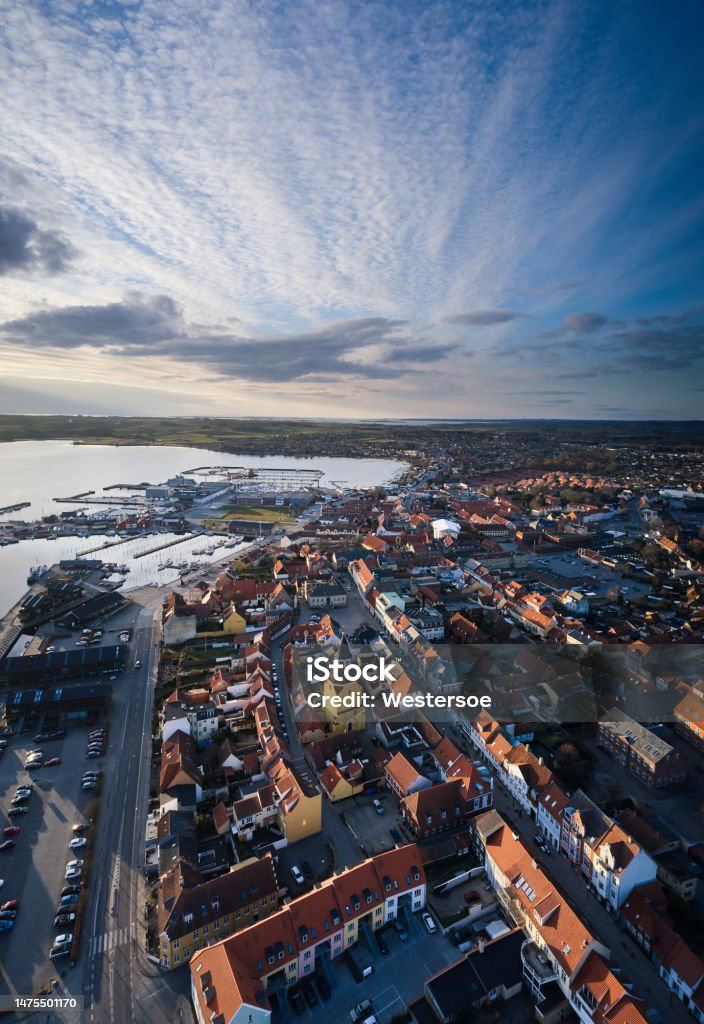 Small town Faaborg with marina Old Danish town with middle cozy old houses. Aerial view of city center with detached church tower Denmark Stock Photo