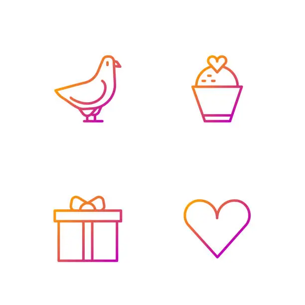 Vector illustration of Set line Heart, Gift box, Dove and Wedding cake with heart. Gradient color icons. Vector