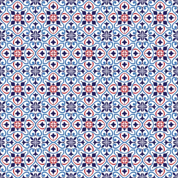Vector illustration of Vector tile pattern, Lisbon Arabic Floral Mosaic, Mediterranean Seamless Navy Blue and Red Ornament.