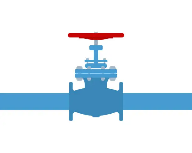 Vector illustration of Side View Of Pipeline With Red Valve. Oil, Gas Or Water Transportation With Blue Pipe Line Valve