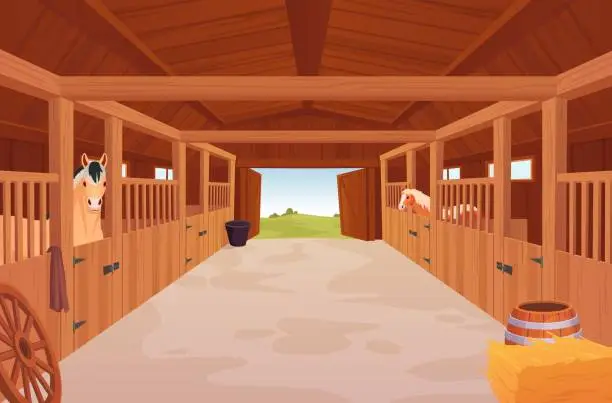 Vector illustration of Horses stable. Cartoon barn inside interior, shed with wooden enclosures for purebred racing horse or livestock, indoor farmhouse ranch background, ingenious vector illustration