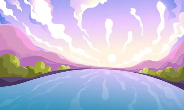 Vector illustration of Dawn on river landscape. Calming painting rivers or lake horizon sunrise scene, early sunshine sky and mountains, cartoon summer nature perspective background vector illustration