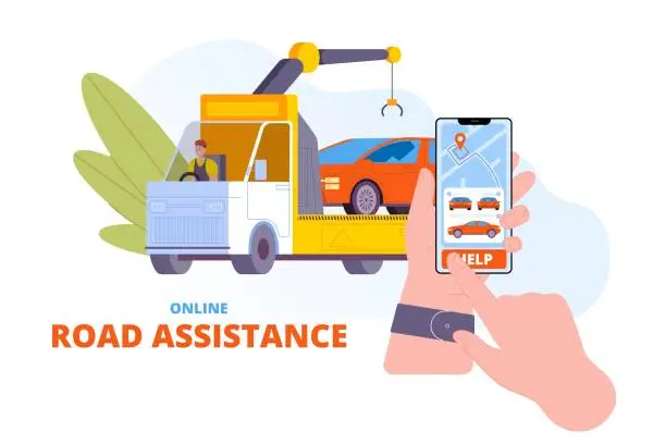 Vector illustration of Roadside assistance online. Accident car rescue mobile app platform, digital emergency truck help on road maintenance service for broken automobile fault driver vector illustration