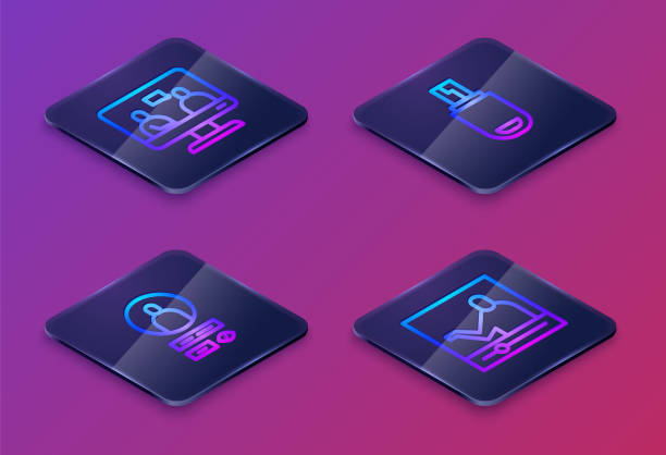 ilustrações de stock, clip art, desenhos animados e ícones de set isometric line online education, create account screen, usb flash drive and . blue square button. vector - driving school flash