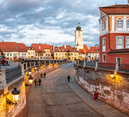 Sibiu, Transylvania, Romania - August 07, 2021: The clock tower of Sibiu in Romania