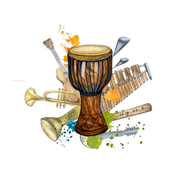 istock Composition of percussion musical instruments and splash watercolor illustration isolated. 1475506784