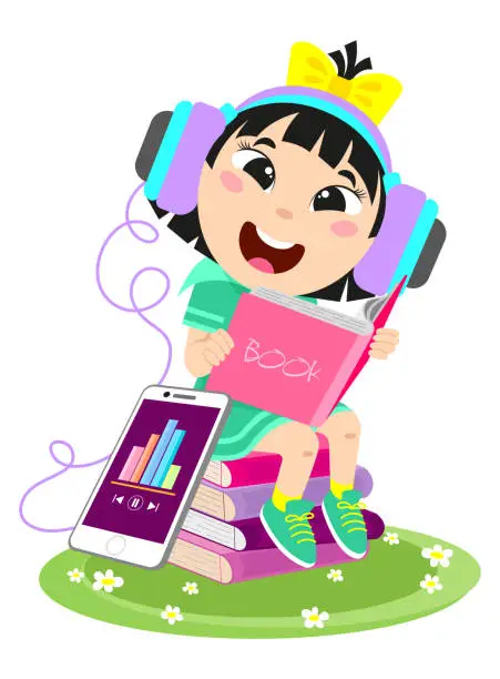 Vector illustration of Cheerful girl with smartphone and headphones studying online