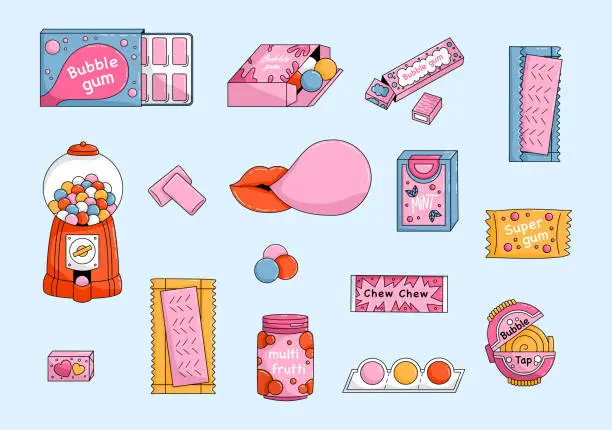 Vector illustration of Set of Cartoon bubble gum