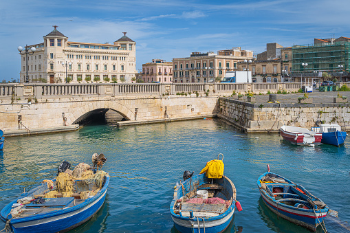 Looking across the harbor on the island of Ortigia in Syracuse Sicily