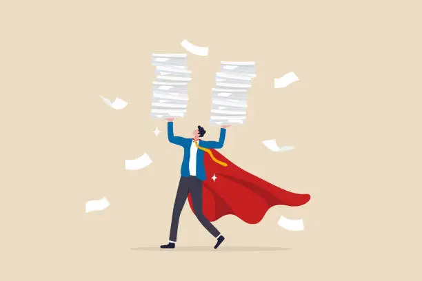 Vector illustration of Handle busy work, manage workload or complete multitasks within deadline, organize paperwork or documents, effective or productive concept, businessman superhero carry load of paperwork documents.