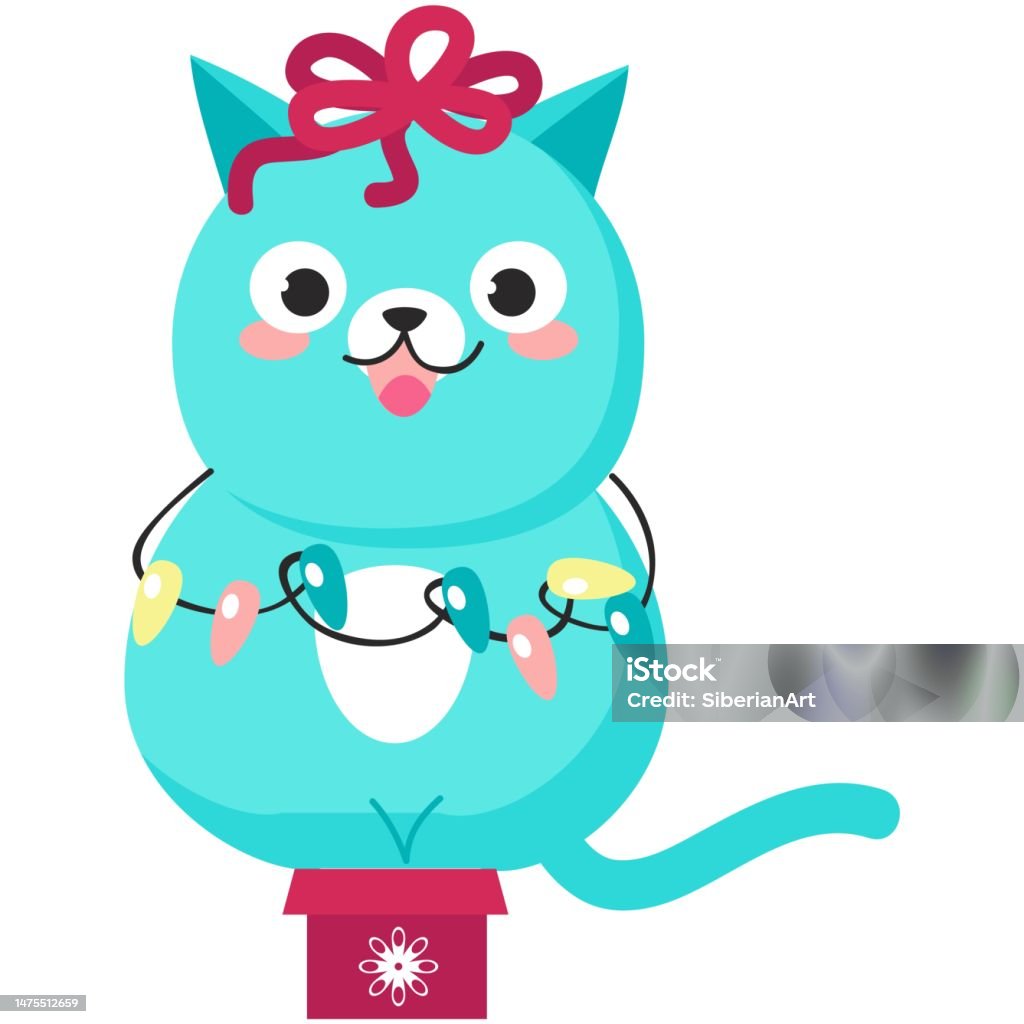 Kucing Natal Gemuk Dalam Ikon Vektor Kotak Hadiah Kecil Ilustrasi Stok