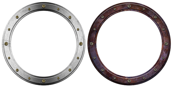 Two metal portholes with bolts isolated on white background, 3d illustration.