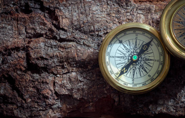 Golden compass on wood background concept for direction, navigation and travel