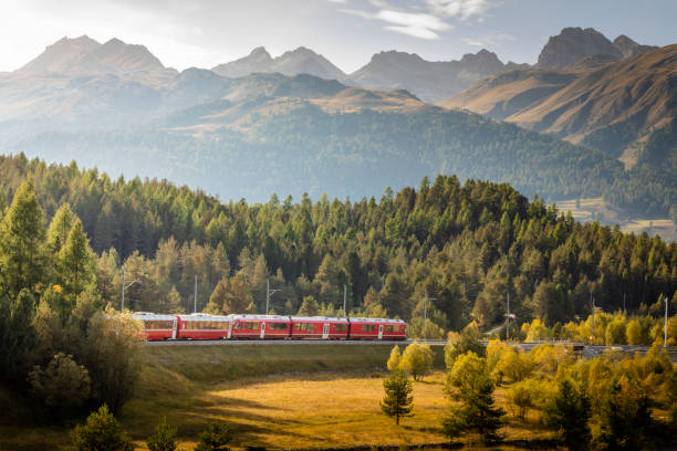 tren rojo con paisaje alpino cerca de st. moritz, valle de engadine, graubunden, alpes suizos - many glacier hotel fotografías e imágenes de stock