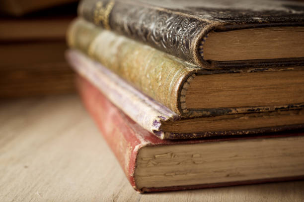 Books stacked view stock photo