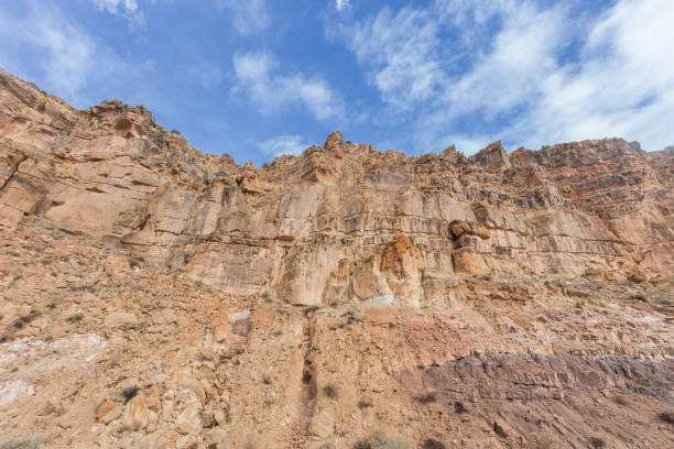istock Looking up at a rocky cliff face with blue sky 1475524155