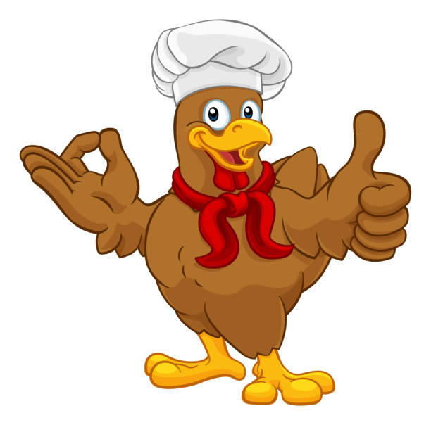 Chef Chicken Rooster Cockerel Perfect Cartoon A chef chicken rooster cockerel cartoon character mascot doing a chefs okay perfect hand sign and thumbs up chicken thumbs up design stock illustrations