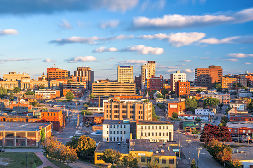 Portland, Maine, USA downtown city skyline at dusk.