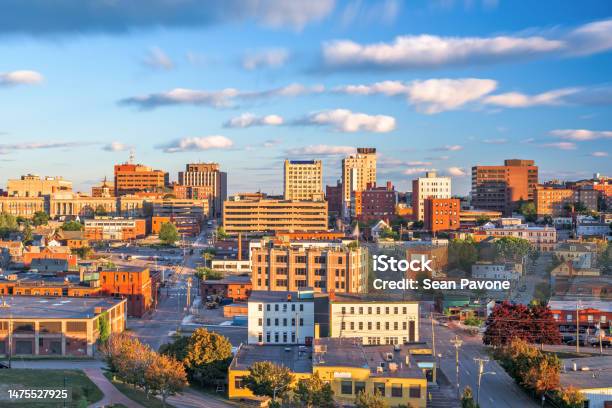 Portland Maine Usa Downtown Skyline At Dusk Stock Photo - Download Image Now - Aerial View, American Culture, Apartment
