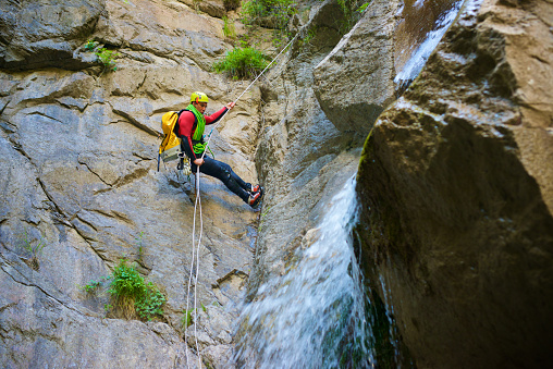 Canyoneering in the Pyrenees, Broto village, Huesca Province in Spain.