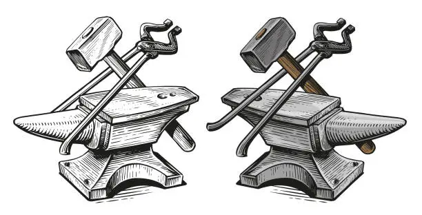 Vector illustration of Blacksmith craft concept. Anvil, hammer, tongs. Metal working tools. Hand drawn sketch vintage vector illustration