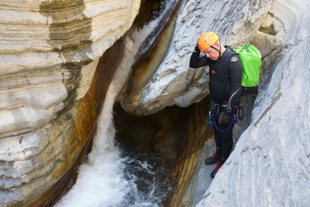 Canyoneering Sorrosal Canyon in Pyrenees, Broto village, Huesca Province in Spain.