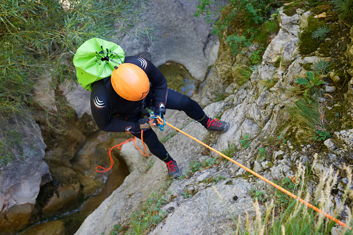 Canyoneering Los Meses Canyon in Pyrenees, Canfranc Valley, Huesca Province in Spain.