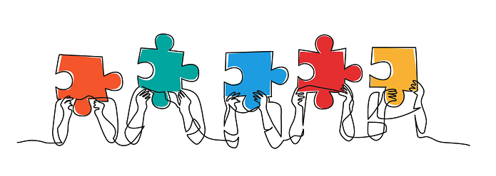 Colleagues putting together puzzle pieces. Teamwork and cooperation for business. Hand drawn vector illustration.