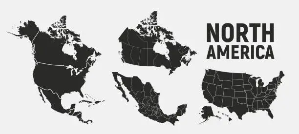 Vector illustration of North America map templates. USA, Canada and Mexico map isolated on white background. North America maps set. Vector illustration