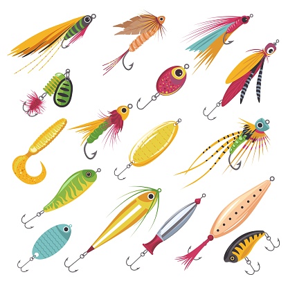 Fishing lures. Fish lure plastic bait crankbait, fishery tackle elements fisher accessories minnow spinning wobbler hand spoons dragonfly baits, vector illustration of fishing equipment, bait isolated