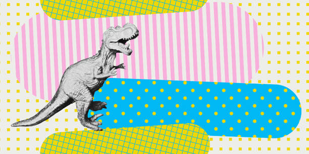 istock Contemporary digital collage art. Modern trippy design. Aggressive dinosaur and abstract background 1475544078