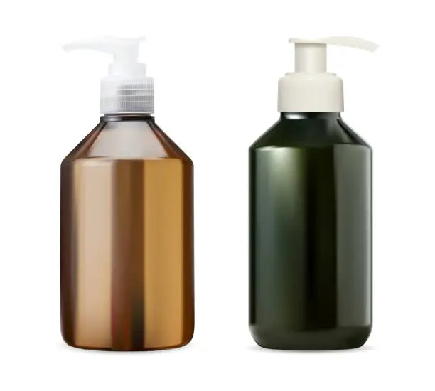 Vector illustration of Shampoo pump bottle. Liquid soap bottle mockup
