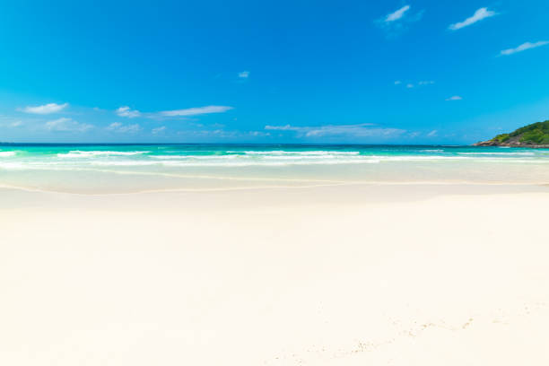 White sand and turquoise water in Anse Kerlan beach. Praslin island, Seychelles