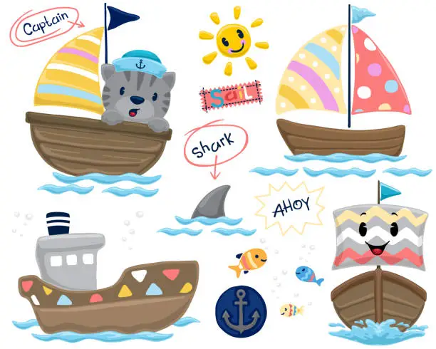 Vector illustration of Set of hand drawn boat cartoon with colorful ornaments,  funny cat on sail boat, marine animals.