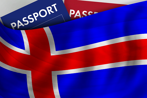 Icelandic flag background and passport of Iceland. Citizenship, official legal immigration, visa, business and travel concept.