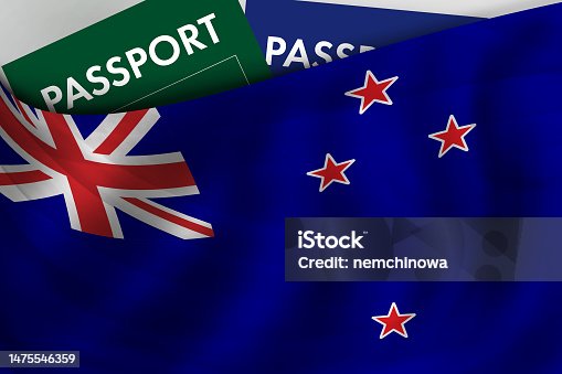 istock New Zealand flag background and passport of New Zealand. Citizenship, official legal immigration, visa, business and travel concept. 1475546359