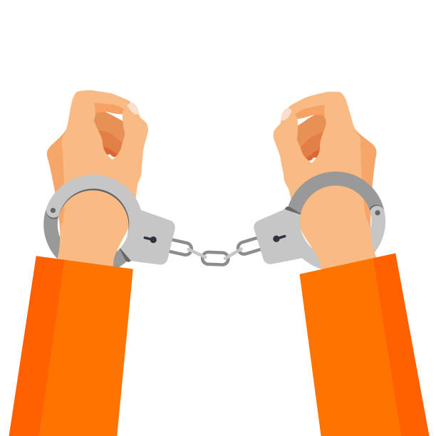 Arrested man in a handcuffs and orange prison robes. Arrested man in a handcuffs and orange prison robes. Concept of arrest. Crime, corruption. Vector illustration in trendy flat style isolated on white background. detainee stock illustrations