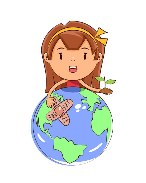 女の子は惑星地球の世話をする - patch planet protection ecosystem点のイラスト素材／クリップアート素材／マンガ素材／アイコン素材