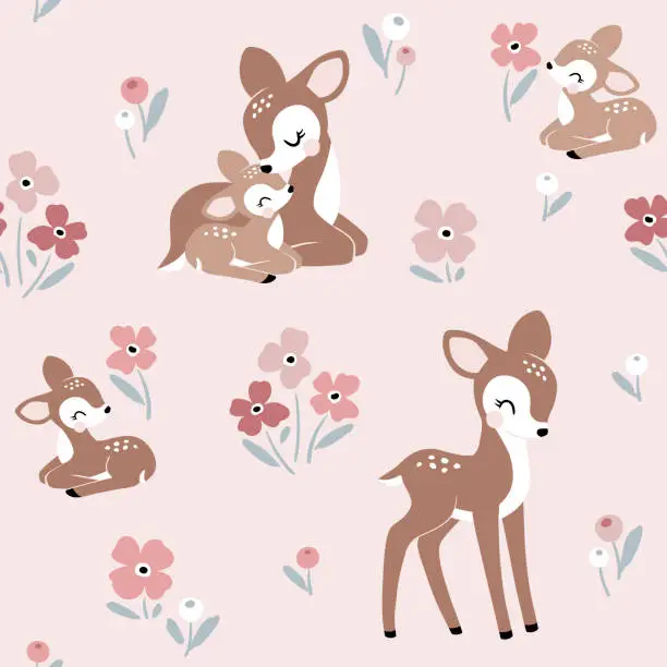 Vector illustration of Seamless vector pattern with cute vintage deer mom and baby on floral background