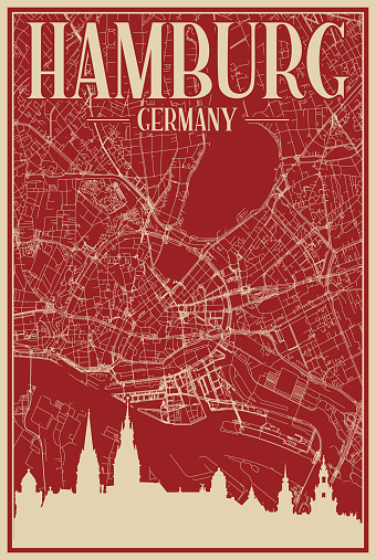 Colorful hand-drawn framed poster of the downtown HAMBURG, GERMANY with highlighted vintage city skyline and lettering