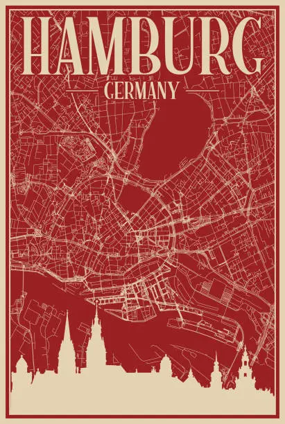 Vector illustration of Road network poster of the downtown HAMBURG, GERMANY