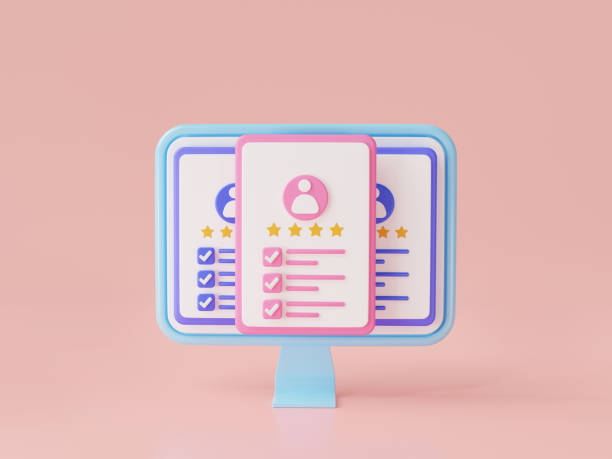 Resume profile for job interview on pc. Job search, CV card, recruitment agency, verify identity, human resources management. Worker HR search concept. 3d rendering illustration. on pink background perfil de currículum vitae para entrevista de trabajo en pc. búsqueda de empleo, tarjeta de cv, agencia de reclutamiento, verificación de identidad, gestión de recursos humanos. concepto de búsqueda de rrhh del trabajador. ilustración de renderizado