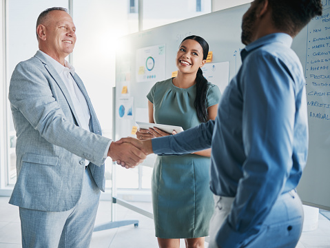 Teamwork, collaboration and business people handshake for partnership, b2b or hiring contract. Welcome, thank you and group, employees or workers shaking hands for onboarding, recruitment or deal.