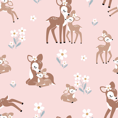 Seamless vector pattern with cute vintage deer mom and baby on floral background. Perfect for textile, wallpaper or print design.